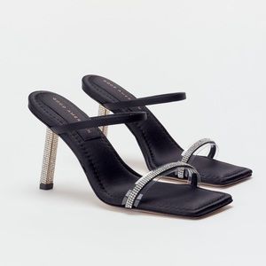 Good American Rhinestone Bling Strap Square Toe Heels